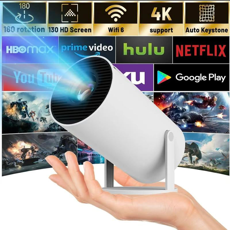 Haoye Smart Portable Projector with Android TV 11.0, Bluetooth 5.2, Wi-Fi, 200 Inch Screen - Perfect for Home & Outdoor Entertainment